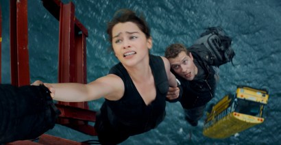 Left to right: Emilia Clarke plays Sarah Connor and Jai Courtney plays Kyle Reese in TERMINATOR GENISYS from Paramount Pictures and Skydance Productions.