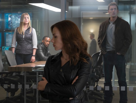Marvel's Captain America: Civil War..L to R: Sharon Carter/Agent 13 (Emily VanCamp), Sam Wilson/Falcon (Anthony Mackie), Natasha Romanoff/Black Widow (Scarlett Johansson), and Steve Rogers/Captain America (Chris Evans)..Photo Credit: Zade Rosenthal..? Marvel 2016