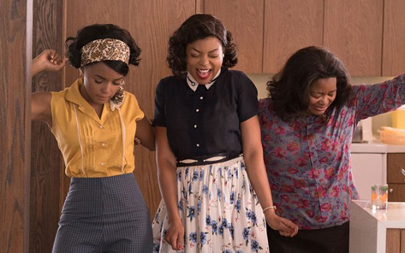DF-03283_R3 - Mary Jackson (Janelle Monae, left), Katherine Johnson (Taraji P. Henson) and Dorothy Vaughan (Octavia Spencer) celebrate their stunning achievements in one of the greatest operations in history. Photo Credit: Hopper Stone.